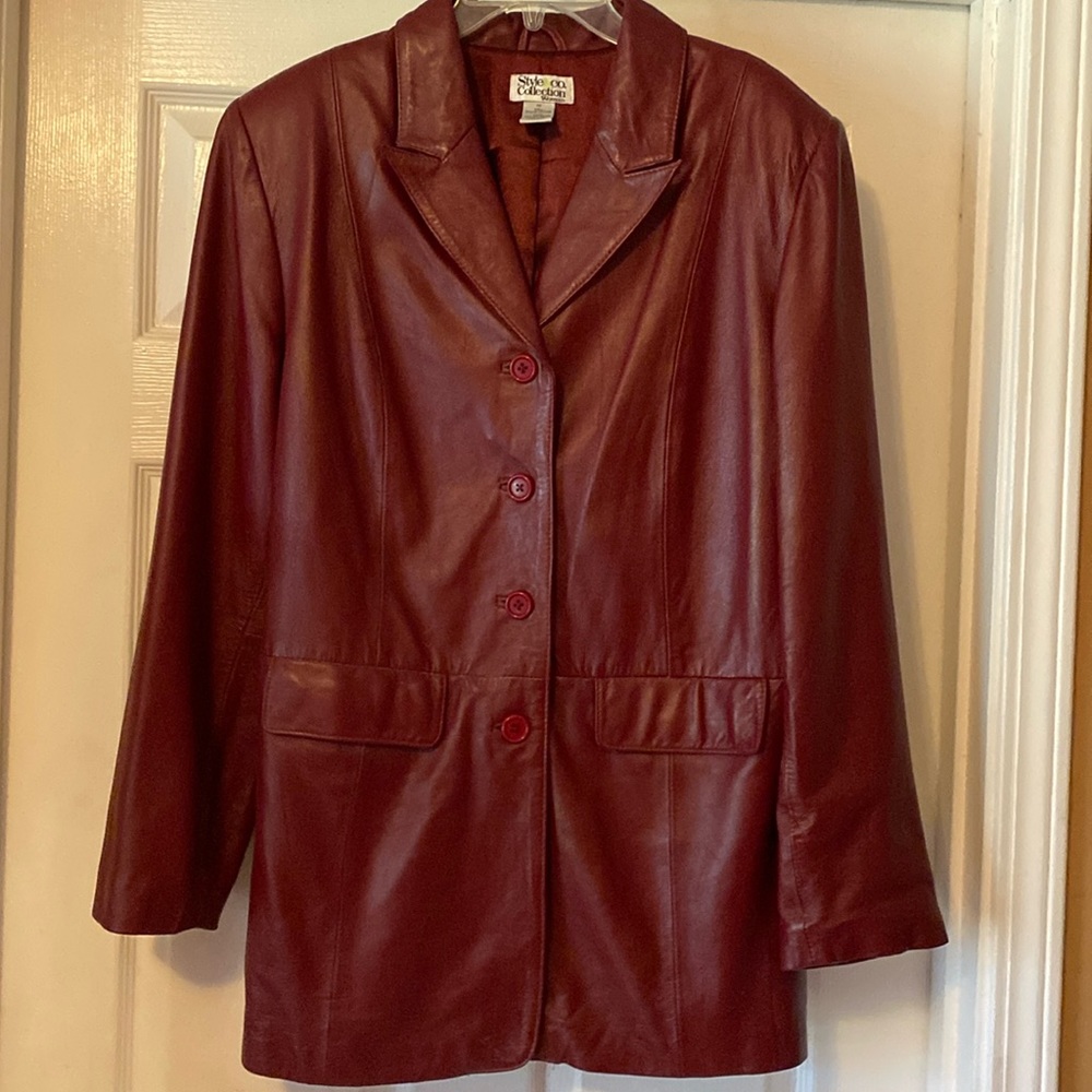Style & Co., wine colored leather, single breasted, blazer, women’s size 1X - Picture 2 of 6